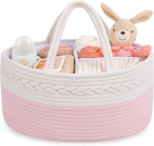 Diaper Caddy for Baby Girl-Cotton Rope Diaper Caddy, Diaper Organizer for Changing Table, Portable Baby Basket for Storage Baby Stuff, Newborn Registry Must Have Items