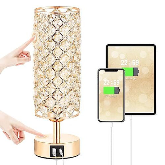 Crystal Table Lamp Lamp for Bedroom with USB-C USB-A USB-C+A Ports Gold