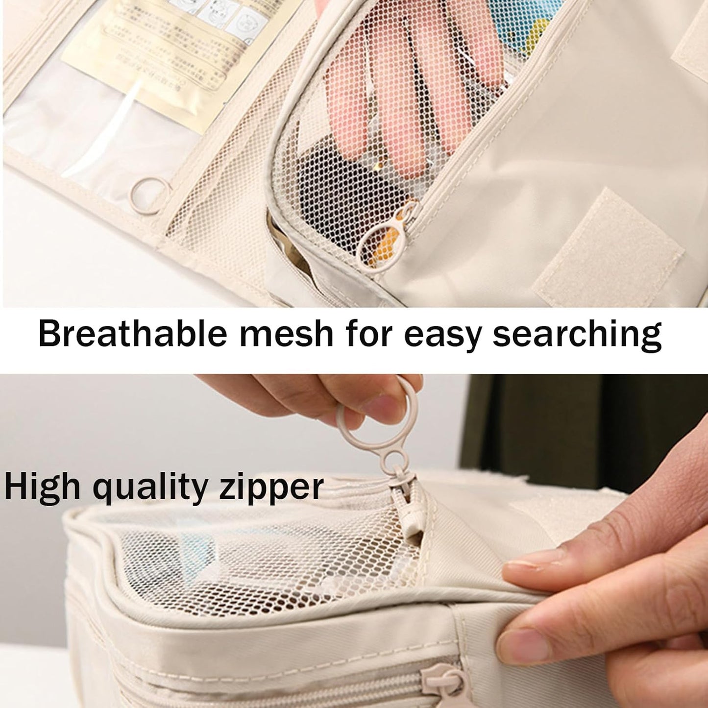 FQUAN Travel Toiletry Bag Water-Resistant Makeup Cosmetic Bag with Hanging Hook Travel Organizer, Beige