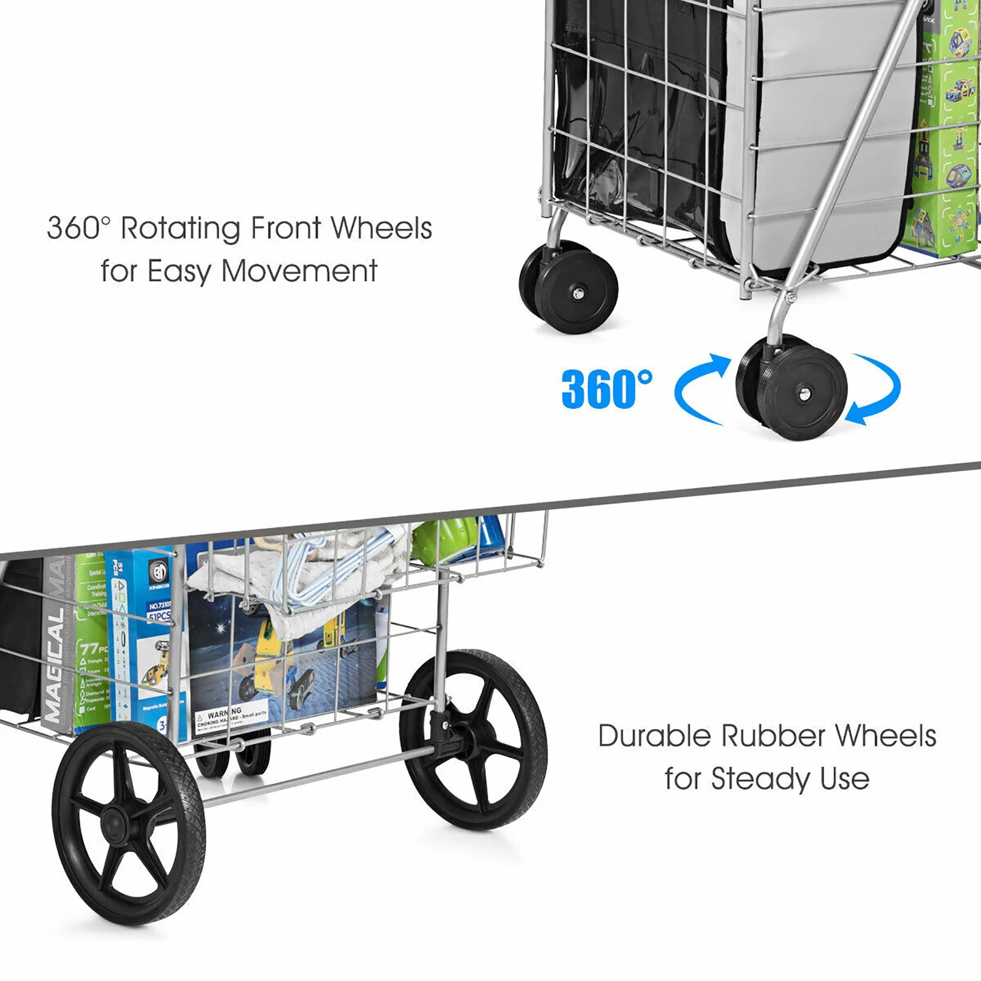 Utility Shopping Cart Foldable Jumbo Basket Outdoor Grocery Laundry Silver
