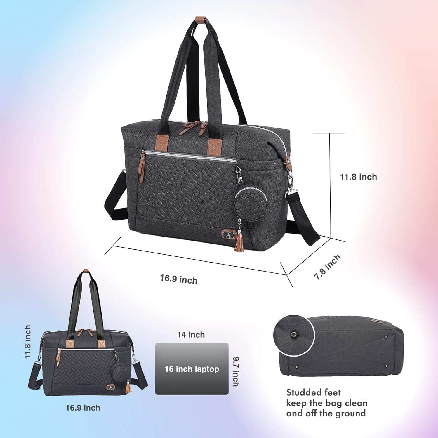 Diaper Bag Tote with Pacifier Case and Changing Pad, Large Travel Diaper Tote for Mom and Dad, Multifunction Baby Bag for Boys and Girls, Dark Grey