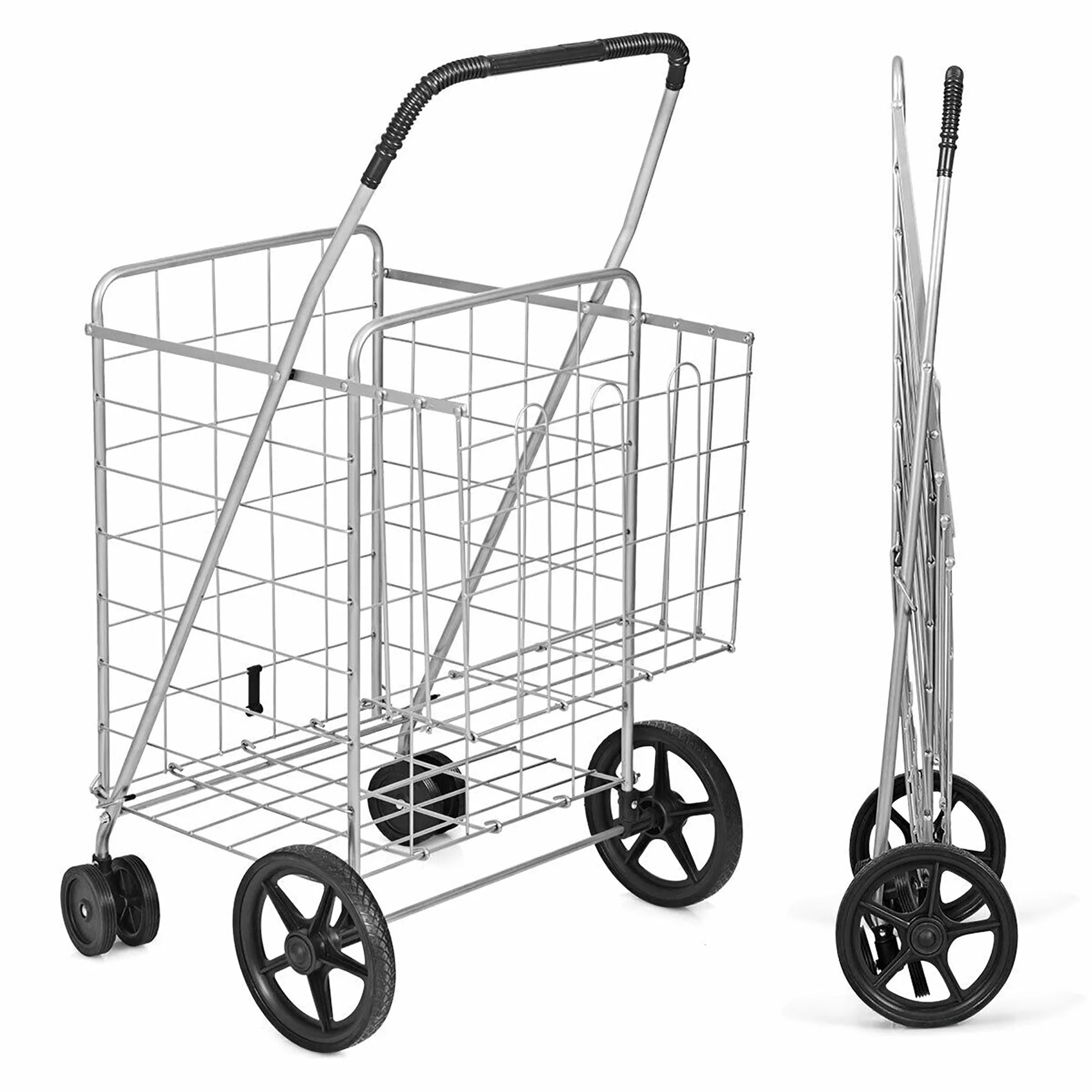 Utility Shopping Cart Foldable Jumbo Basket Outdoor Grocery Laundry Silver