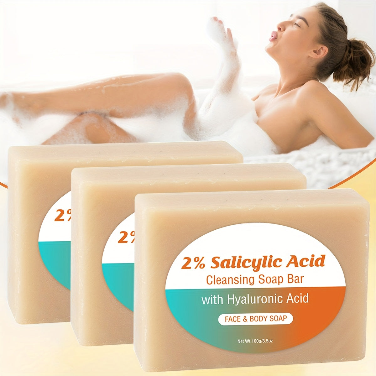 [Salicylic Acid Soap] 3pcs Salicylic Acid Cleansing Soap Bar | Contains Coconut Oil, 2% Salicylic Acid, Moisturize Light Beige, Make Light Beige Look Smoother And Firmer, Soap Foaming Net Equipped, 100G - Suitable for All Lig