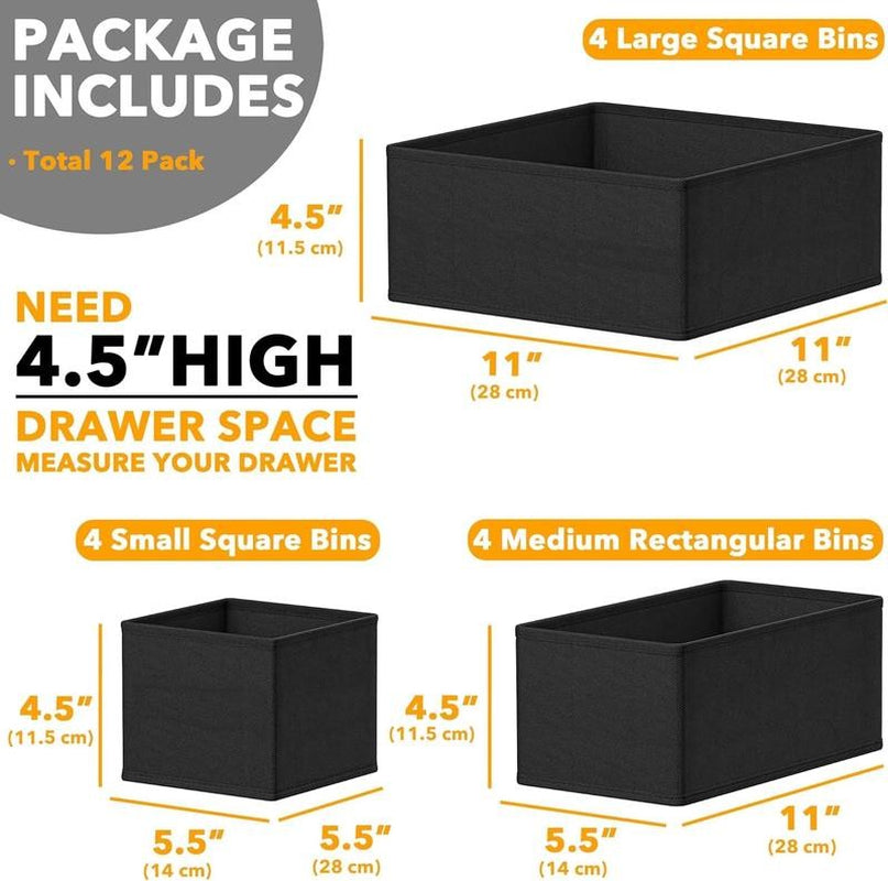 Drawer Organizer for Clothes, Dresser Drawer Organizer, 12 Pack, Black