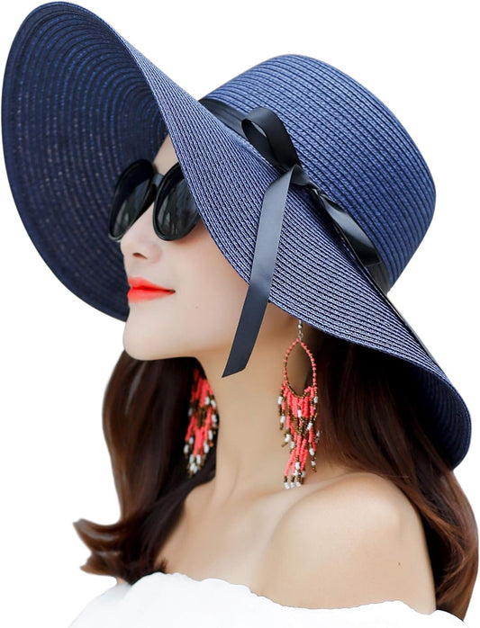 Womens Wide Brim Straw Sun Hat Floppy Foldable Roll up Cap UPF 50+ Summer Beach Hats