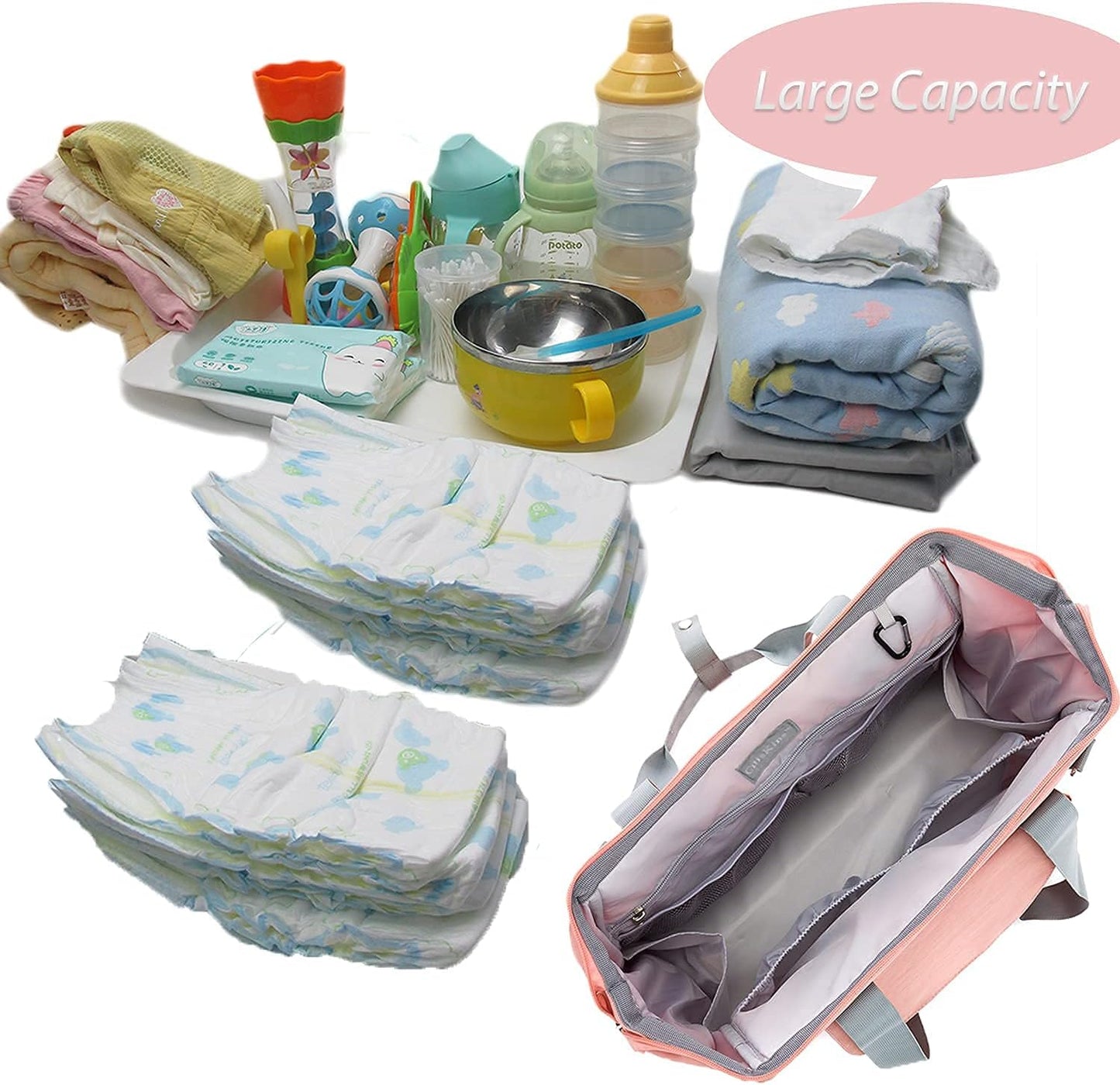 Diaper Bag Tote Mommy Bags Outdoor Handbags with Insulated Pockets, Changing Pad & Reflective Strips(Pink)