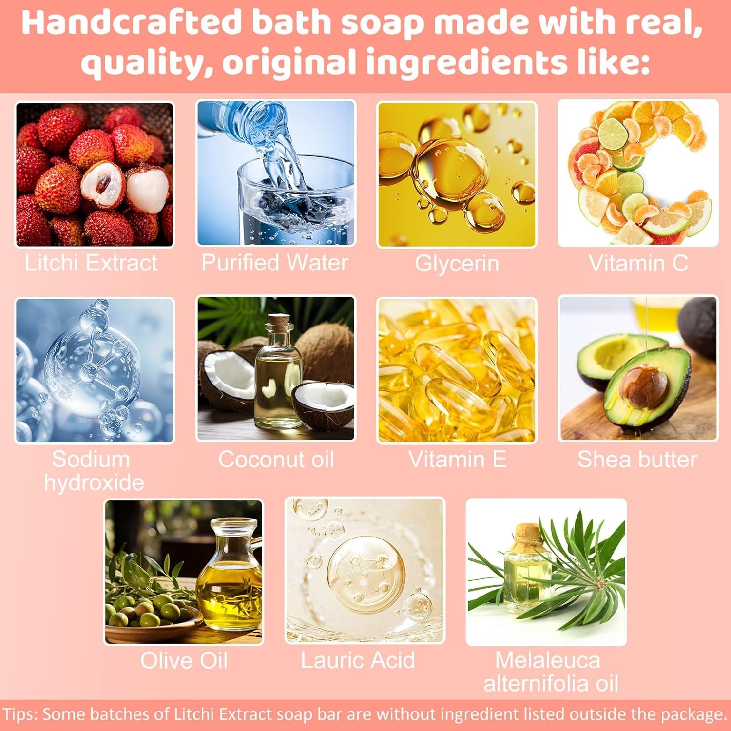 100% Natural Bar Soap for Moisturizing, Handmade & Organic Body Wash Soap Bar Face Soap for Sensitive Skin, Litchi Scent Glowing Skin Bath Soap Bars for Women & Men, 3 * 3.52OZ