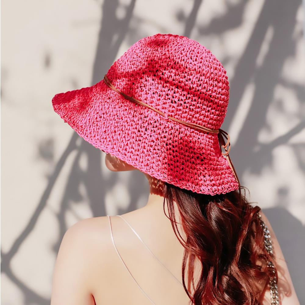Womens Beach Sun Straw Hat Floppy Straw Sun Hat Travel Foldable Brim Summer Outdoor Sun Visor Hat for Women Girl Summer Outdoor Shade Tied Bow Foldable Hand-Woven,Rose Red