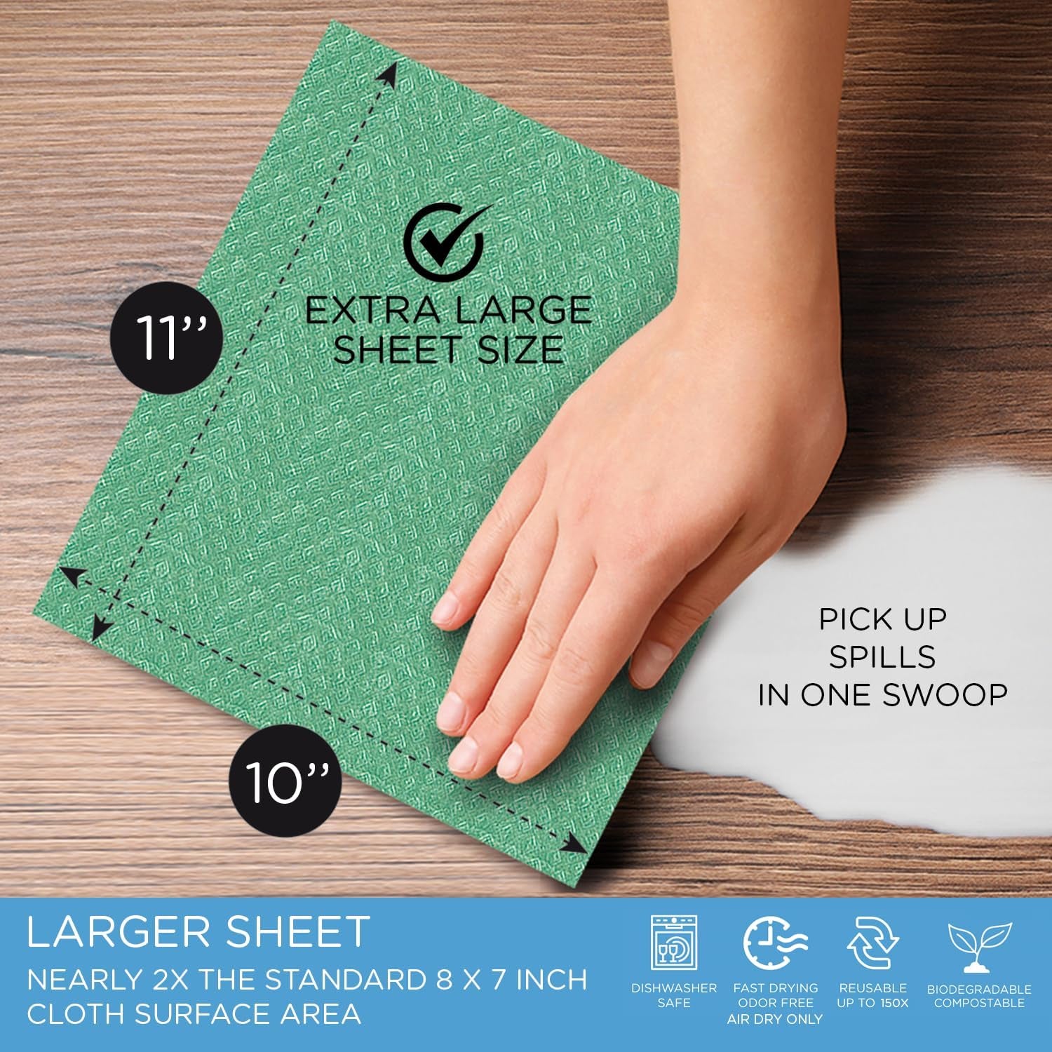 Wowables XL Swedish Dishcloths, 30 Reusable Eco Cleaning Cloths, 11" X 10", Ultra Absorbent Cellulose Sponge Towel, Compostable, Made in Germany