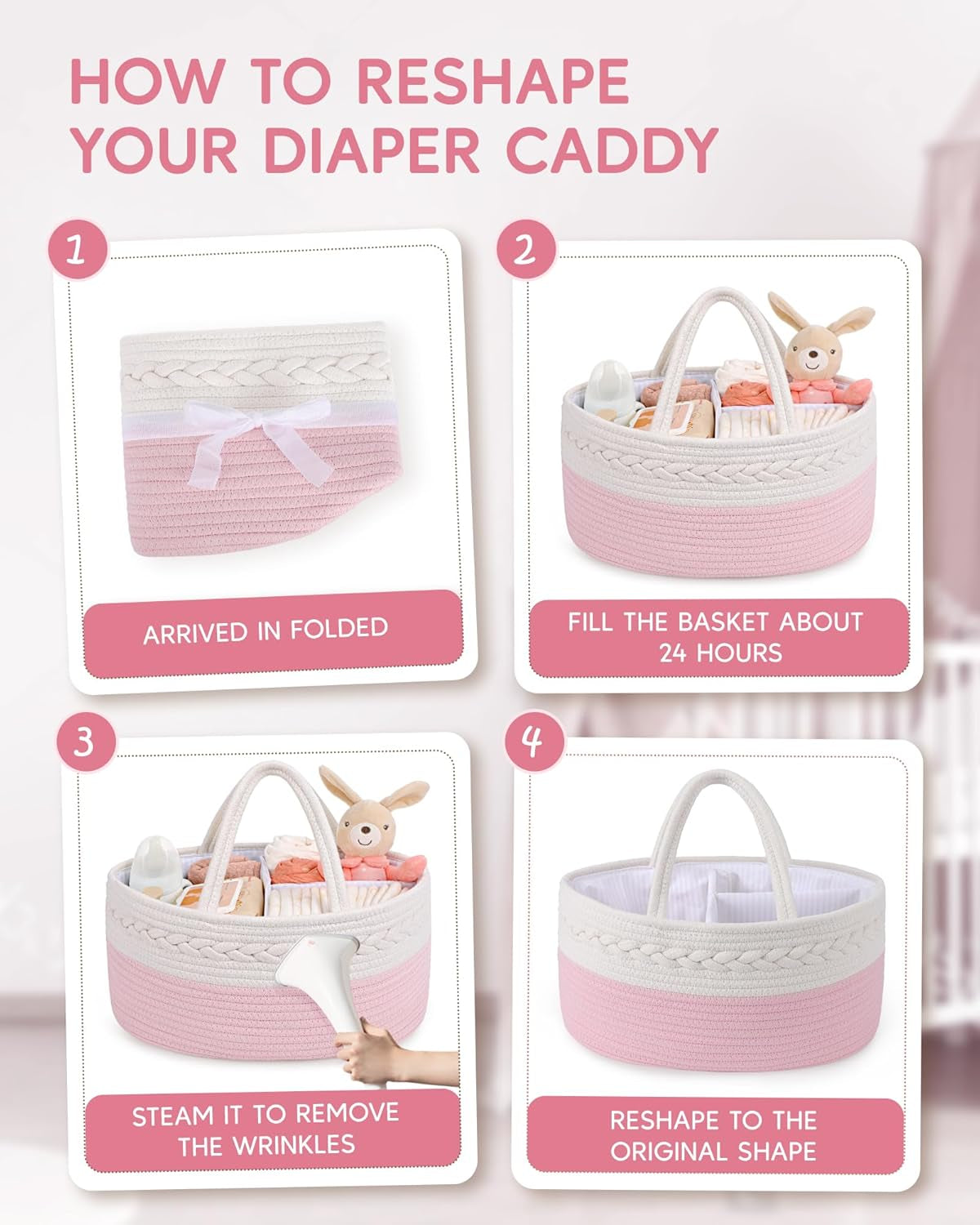 Diaper Caddy for Baby Girl-Cotton Rope Diaper Caddy, Diaper Organizer for Changing Table, Portable Baby Basket for Storage Baby Stuff, Newborn Registry Must Have Items