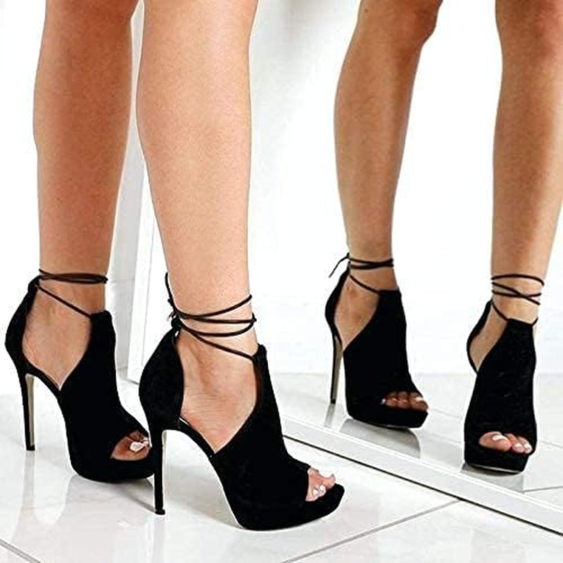 Womens Peep Toe Platform Heels Sexy Sandals Strappy Lace up Tie Stilettos Dress Pumps Shoes