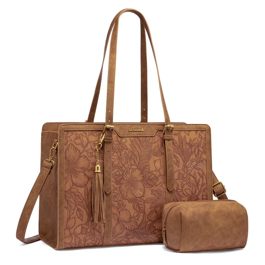 Laptop Bag for Women, Stylish Vintage PU Leather Laptop Work Tote 15.6 In, Elegant Shoulder Bag Designer Bag with Small Clutch Purses