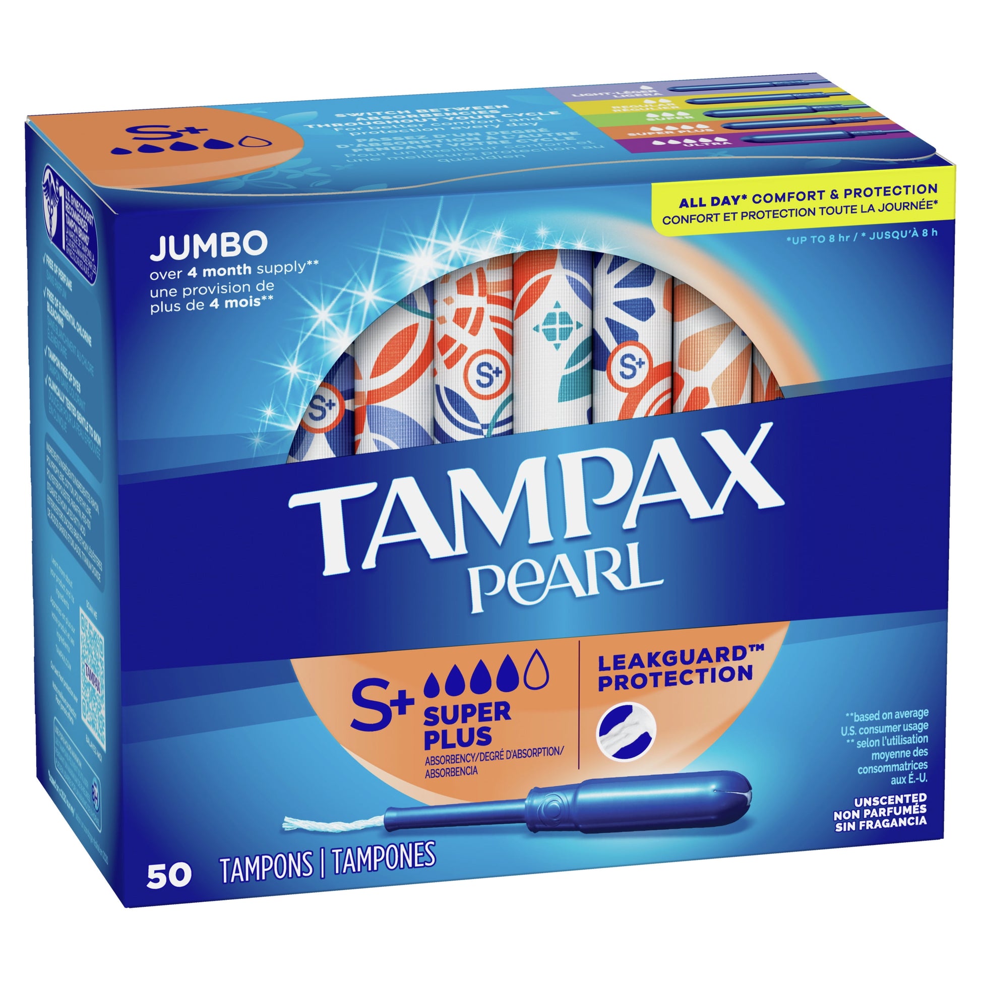 Pearl Super plus Plastic Tampons, Unscented, 50 Count