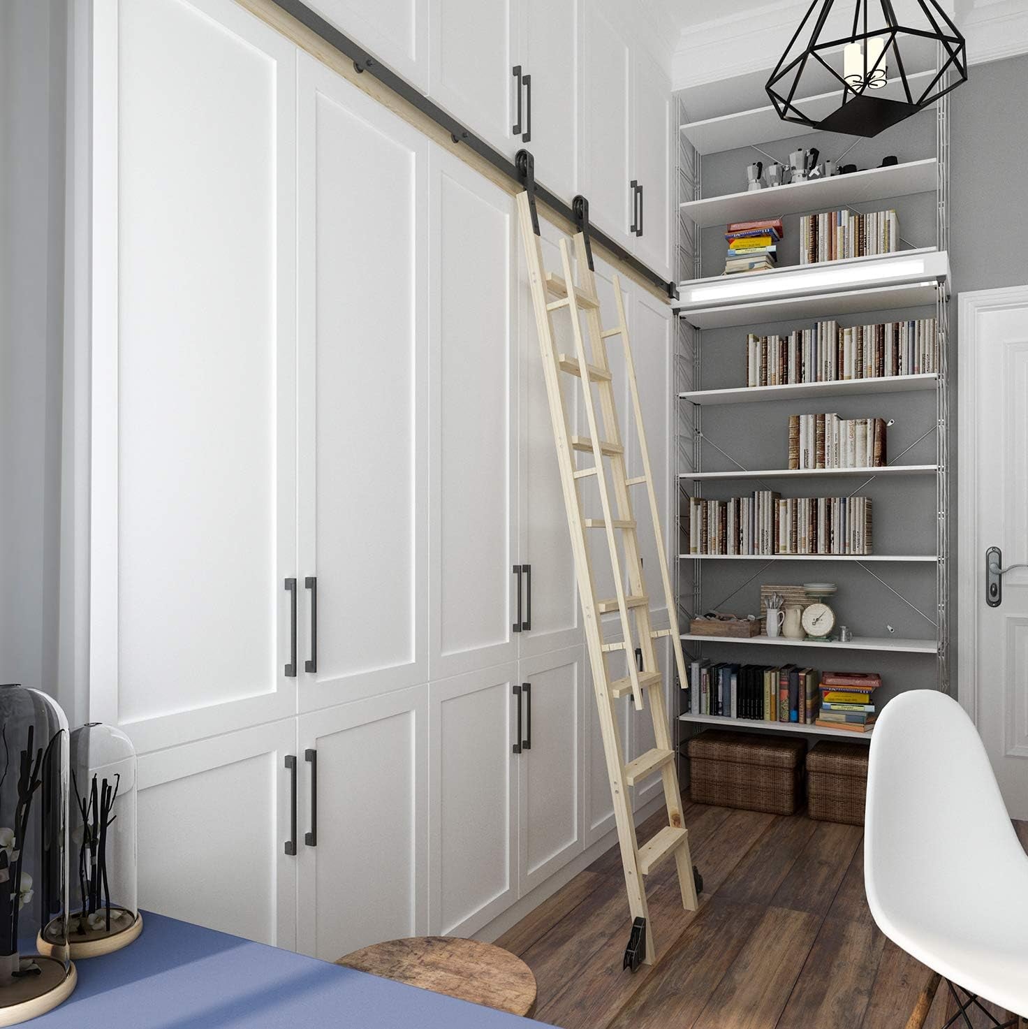 16FT Rustic Black Sliding Library Ladder Hardware,Bottom Wheel with Brake (No Ladder)