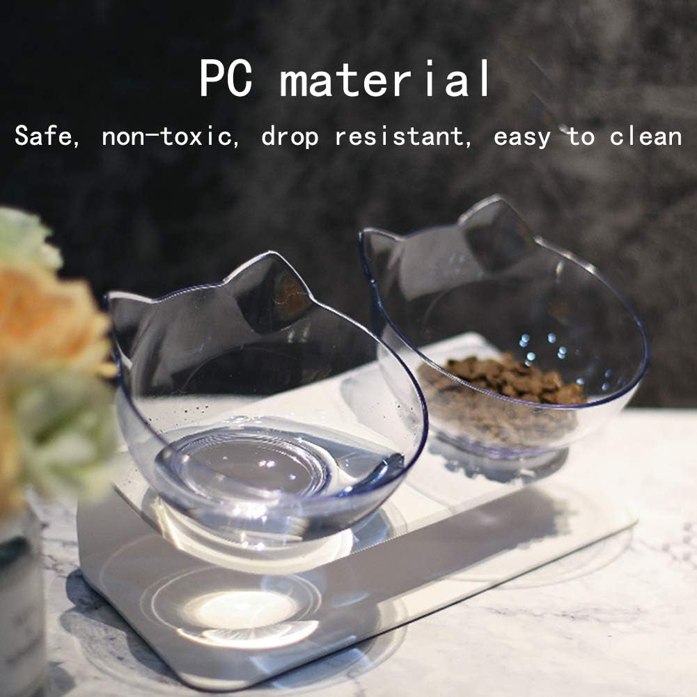 Double Elevated Cat Bowls with Raised Stand, 15 Tilted Cat Design Neck Guard Stand Pet Food Water Feeder Bowl for Cats or Small Dogs