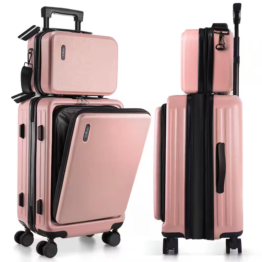 2-Piece Pink Hard Carry-On Weekender Luggage Set Expandable Spinner Airline Approved Suitcase Exterior USB Port