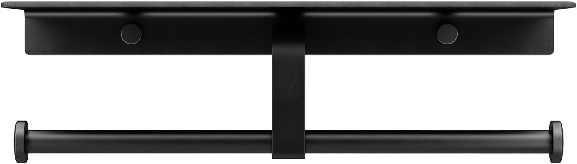Matte Black Toilet Paper Holder with Shelf, Wall-Mounted Bathroom Organizer, Double Roll