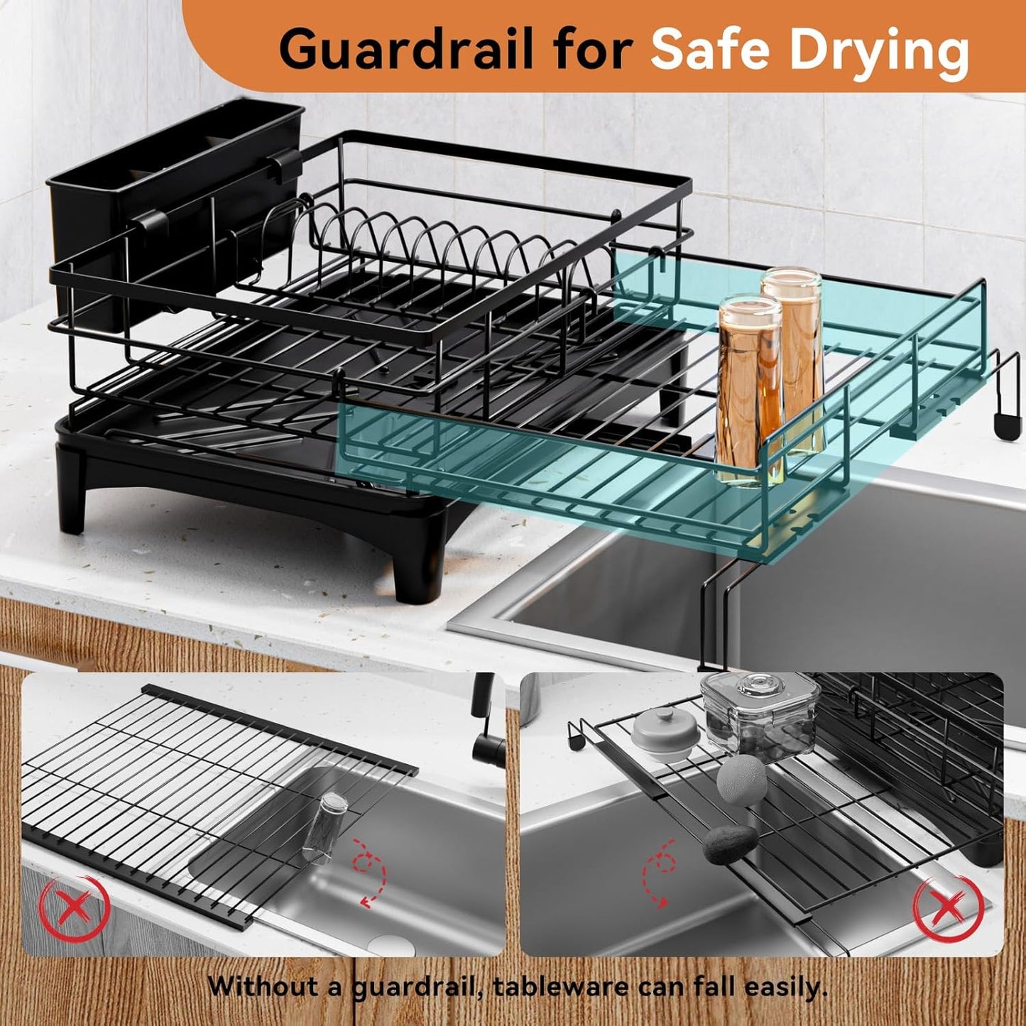 Dish Drying Rack - Expandable Rack, Large Capacity Dish Drainer for Kitchen Counter, Rust-Proof with Utensil Holder, Black