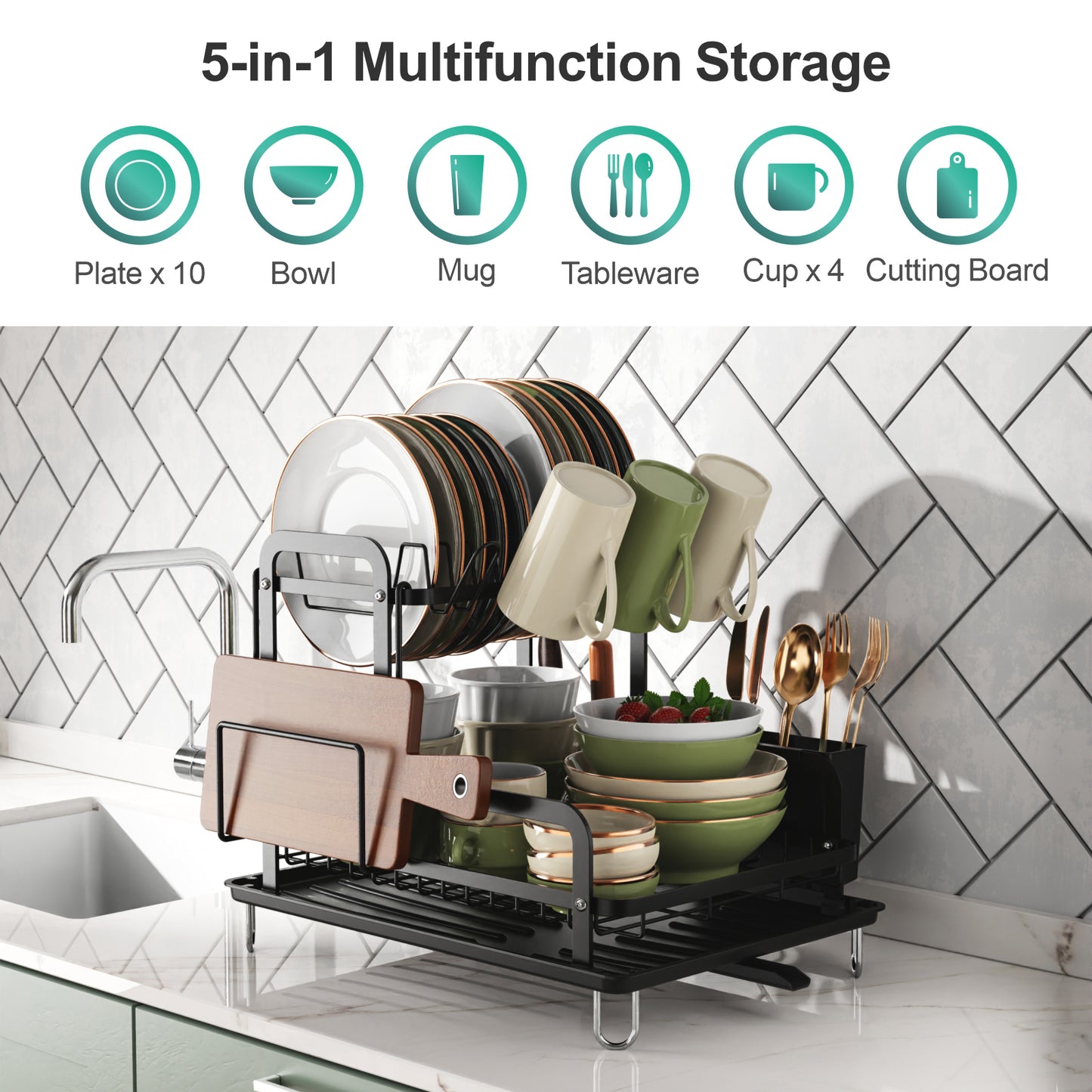 Dish Drying Rack with Drainboard - 2 Tier Dish Rack for Kitchen Counter, Rust-Resistant Dish Drainer with Utensil Holder, Black