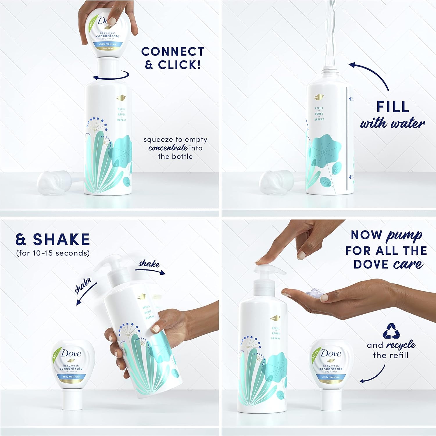 Concentrate Refill and 100 Percent Recycled Reusable Bottle for Instantly Soft Skin Daily Moisture Starter Kit for Lasting Nourishment Body Care 4 Fl Oz (Makes 16 Fl Oz)
