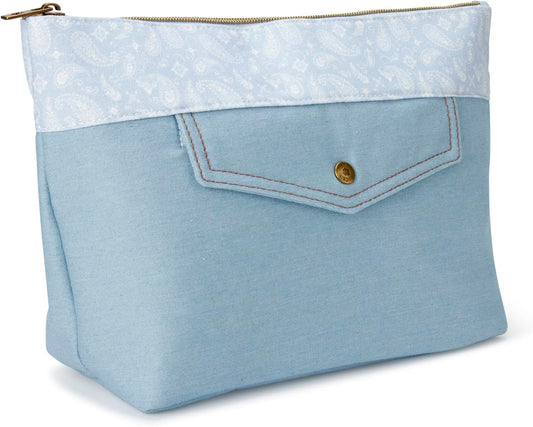 Women'S Makeup Bag Cottage Core Aesthetic Travel Size Toiletries Organizer Pouch Flower Blue Denim