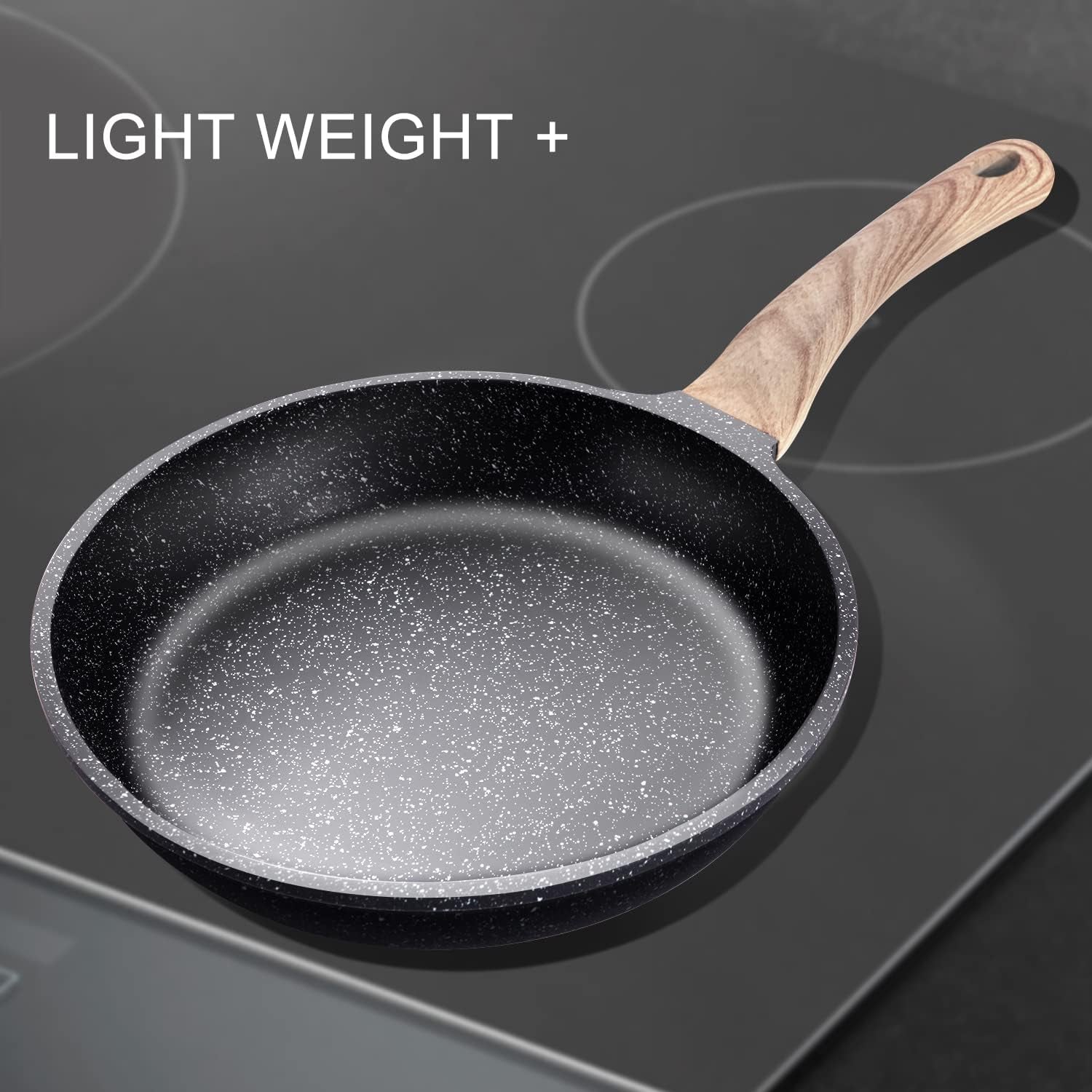 Nonstick Frying Pan Skillet Granite Coating Egg Omelet Pan 8 Inch Nonstick Pan with Woodgrain Handle, Non Stick Cooking Pans for All Stove Tops, PTFE PFOA Free, Induction Compatible