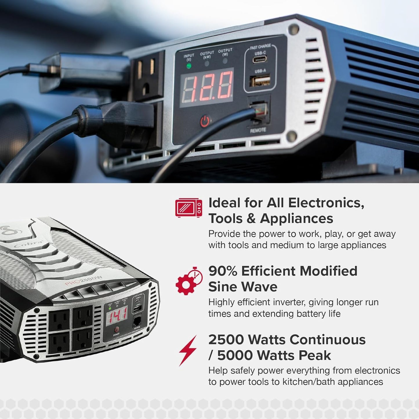 PRO 2500W Professional Grade Power Inverter, Portable – 2500-Watt Car Charger, 4 Grounded AC Outlets, 2 Fast Charge USB Ports and Remote Controller (CPIALCDG1) Compatible