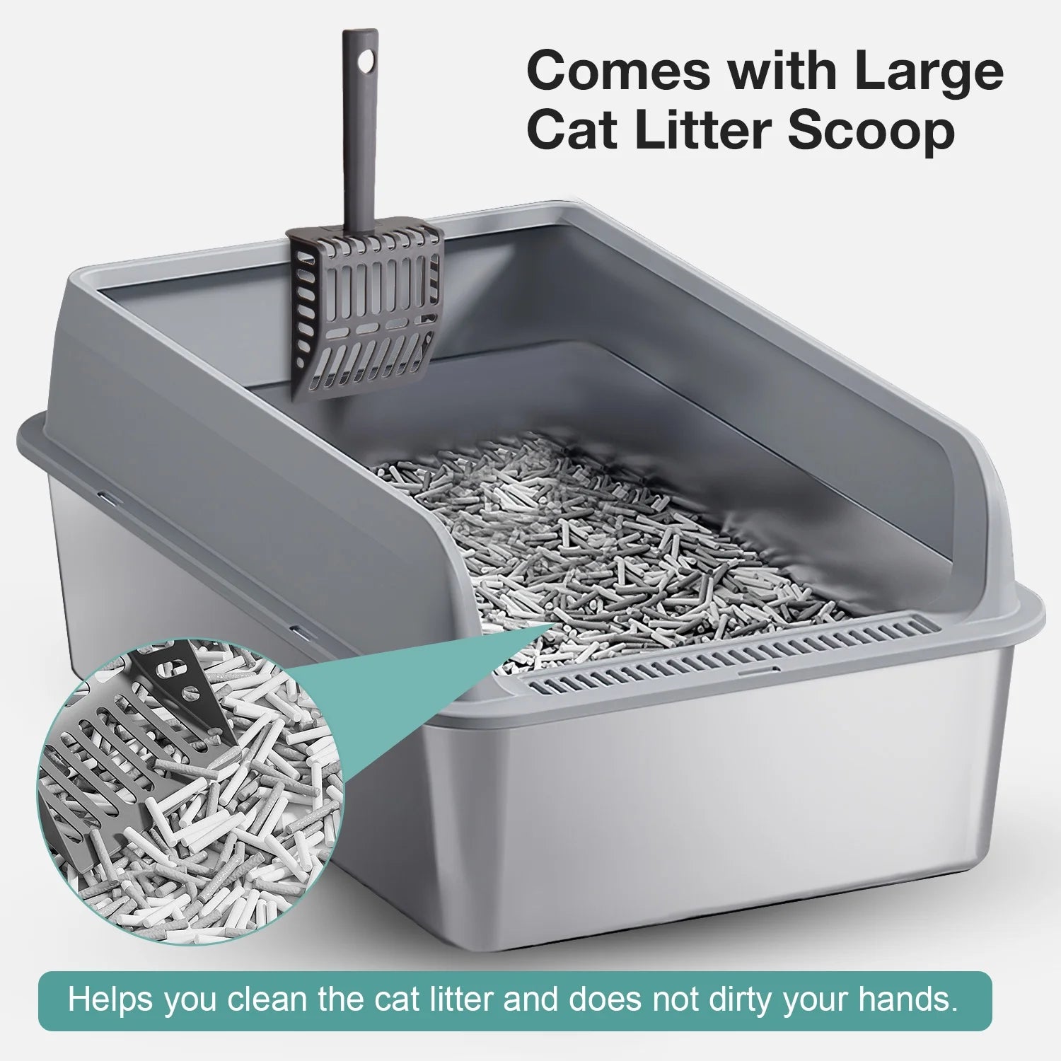 L Stainless Steel Cat Litter Box for Big Cats, MS-50 Metal Cat Litter Box with Scoop & Mat, Dark Gray