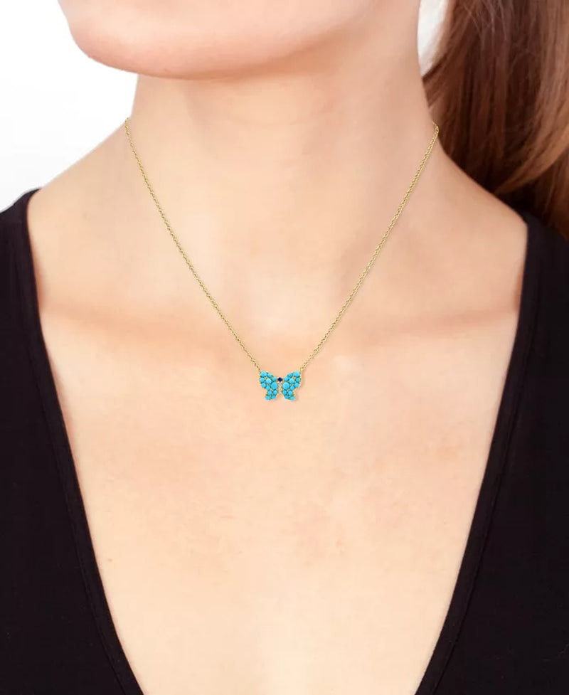 EFFYÂ® Turquoise, Sapphire Accent, & Diamond Accent Butterfly Pendant Necklace in 14K Gold, 17" + 1" Extender
