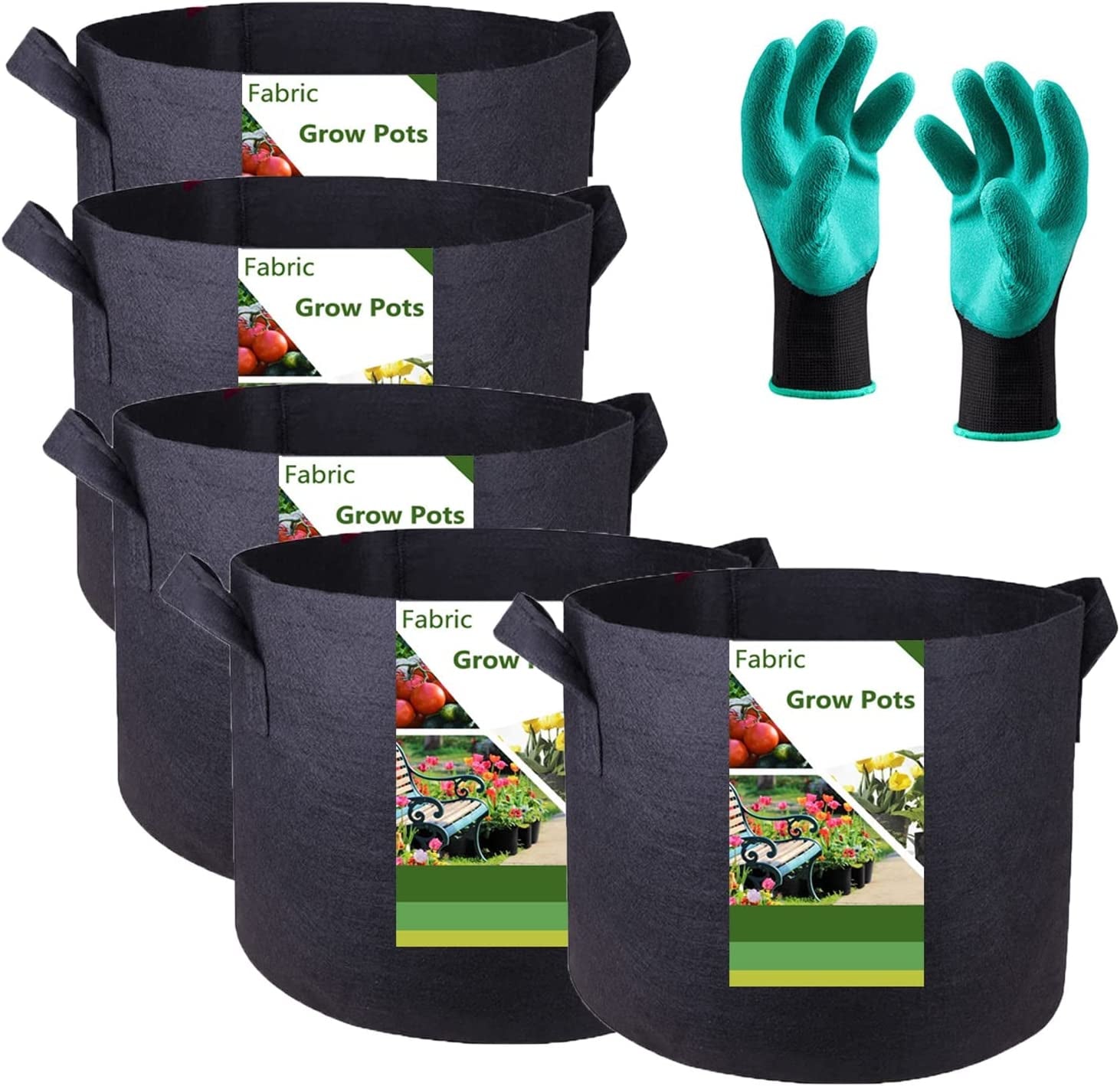 5-Pack 15 Gallon Thickened Plant Grow Bags (20X12 Inch) Fabric Plant Pots Garden Bag for Potato,Tomato Planters,Herbs Veggies Planter Bag,Garden Pot,Flower Pot,Barrel Planter,Plant Container W/ Gloves