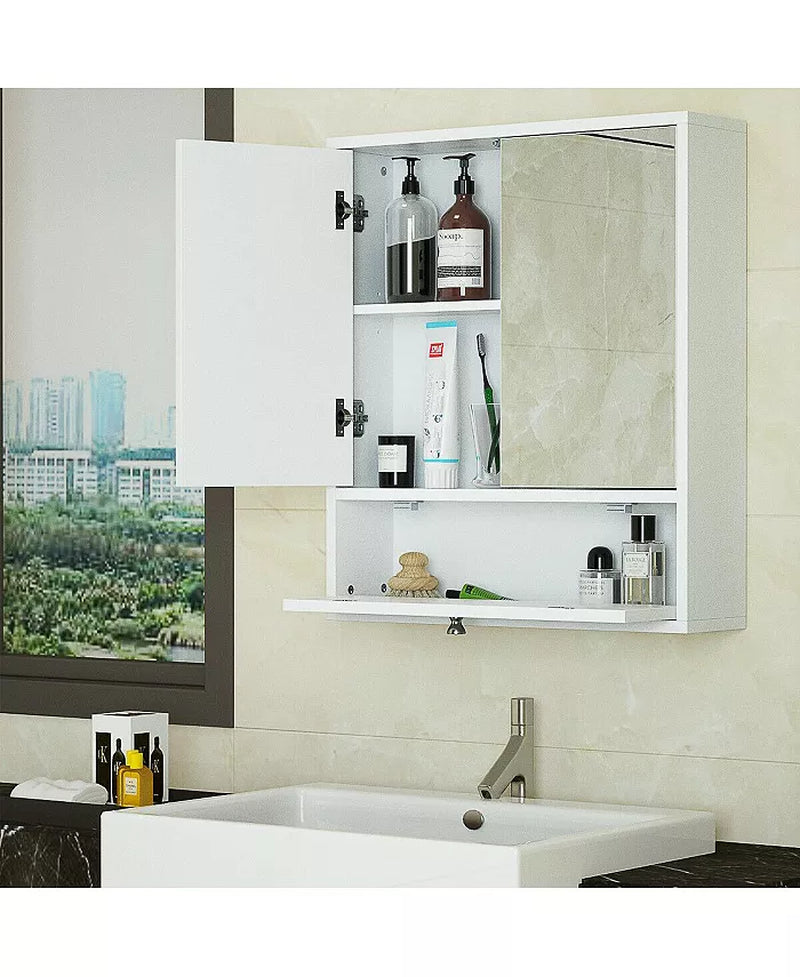 Double Door Wall-Mounted Bathroom Mirrored Medicine Cabinet-White