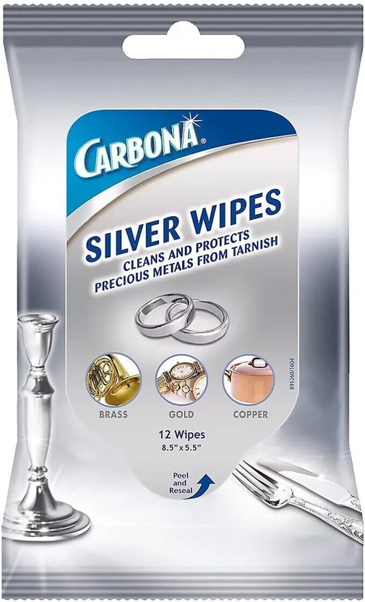 Carbona Silver Wipes | Metal Cleaner & Polish | 12 Wipes, 1 Pack