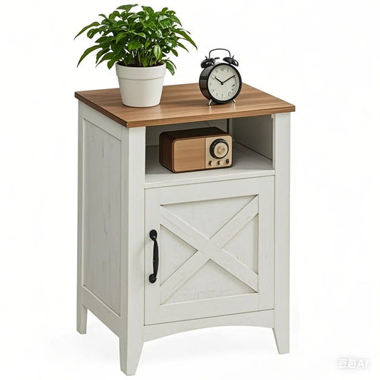 Bauman Farmhouse Nightstand, Bedside Table with a Cabinet and Open Compartment