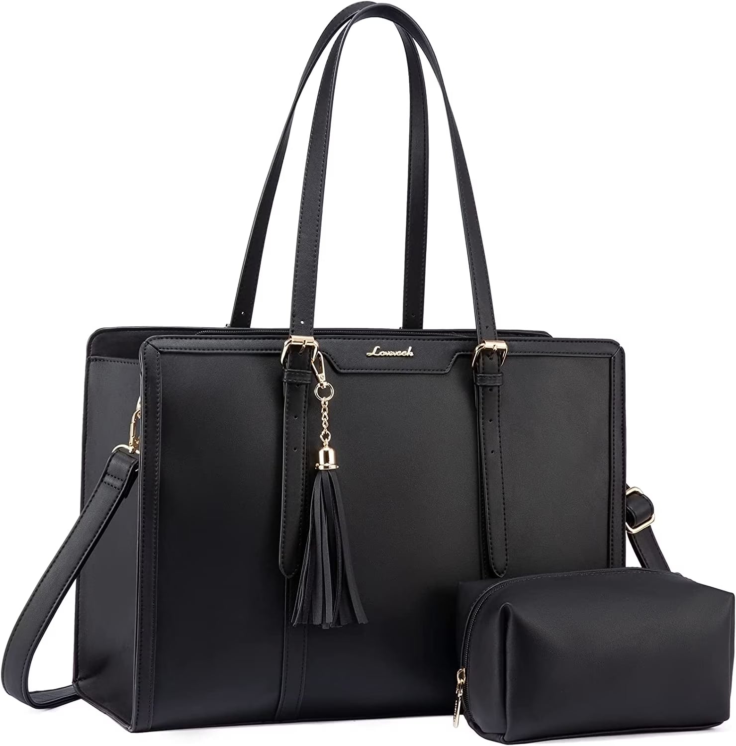Laptop Tote Bag for Women,Pu Leather Laptop Purses,Large Capacity Laptop Bag Computer Bag with Clutch Purse for Business,Work,Study,Office,Travel-Black