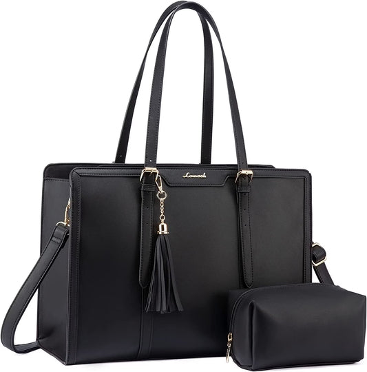 Laptop Tote Bag for Women,Pu Leather Laptop Purses,Large Capacity Laptop Bag Computer Bag with Clutch Purse for Business,Work,Study,Office,Travel-Black