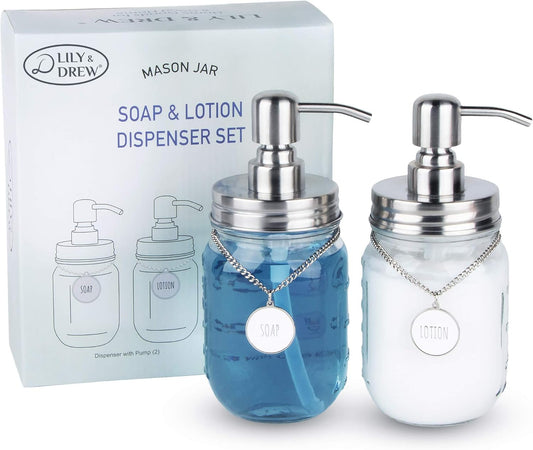 Mason Jar Soap Dispenser and Lotion Dispenser Set for Kitchen or Bathroom (2) with Tags (2) and Stainless-Steel Pumps (Silver)