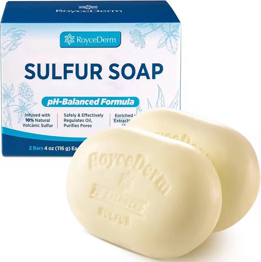 Sulfur Soap for Acne Support: Sulfur Face Wash Bar for Sensitive Skin and Blemish-Prone Areas - Sulfur Body Cleanser with 10% Volcanic Sulfur, Tea Tree Oil - 2 Bars