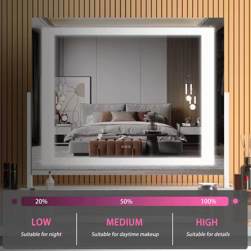 24.2 In. W X 18.9 In. H Square White Frame LED Makeup Mirror, 10X Magnification, USB Charging Port, 360° Rotation