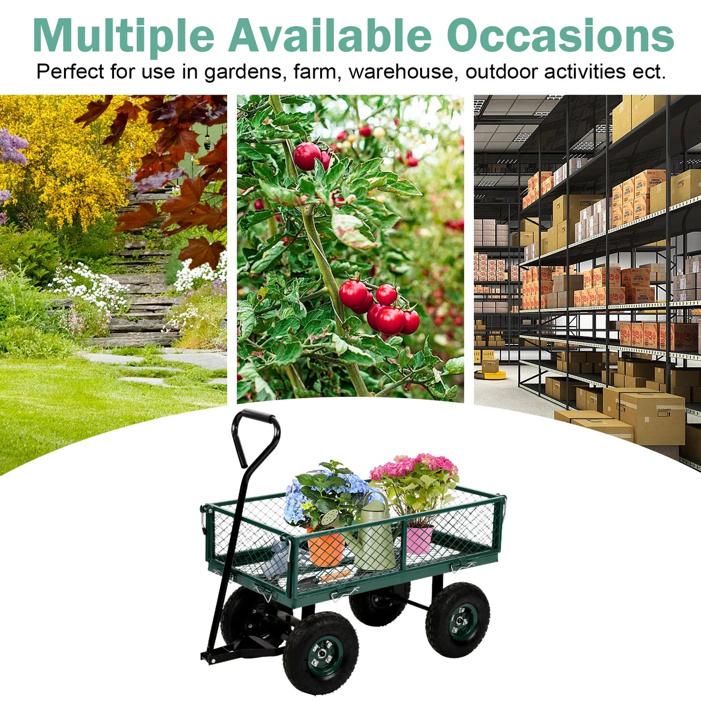 Garden Cart Garden Wagon Carts Heavy Duty Steel Garden Utility Carts with Removable Side and Wheels, Beach Lawn Dumping Yard Cart for Outdoor, Green