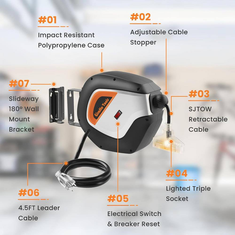 50 Ft. 3 Conductors 13 Amp Retractable Extension Cord Reel-14 AWG 5 Outlets
