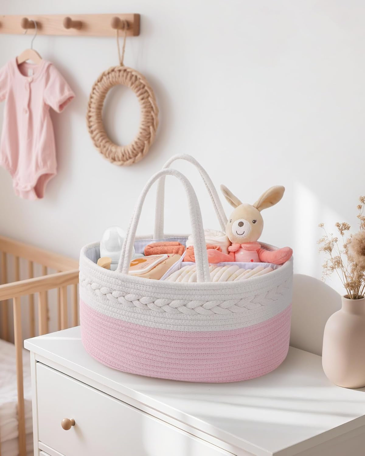 Diaper Caddy for Baby Girl-Cotton Rope Diaper Caddy, Diaper Organizer for Changing Table, Portable Baby Basket for Storage Baby Stuff, Newborn Registry Must Have Items