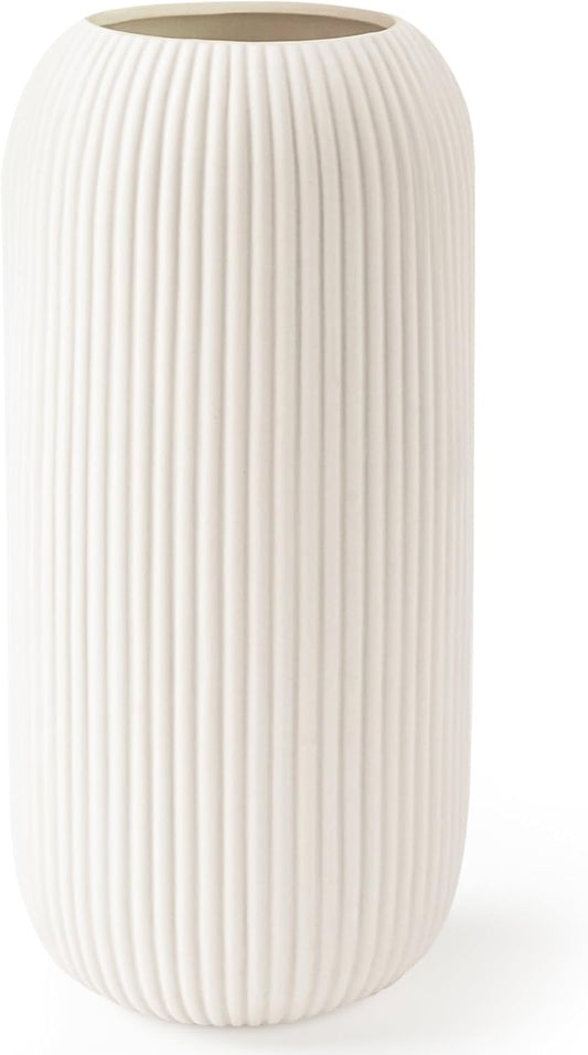 White Ceramic Vase for Flowers, 8 INCH Modern Small Ribbed Textured White Flower