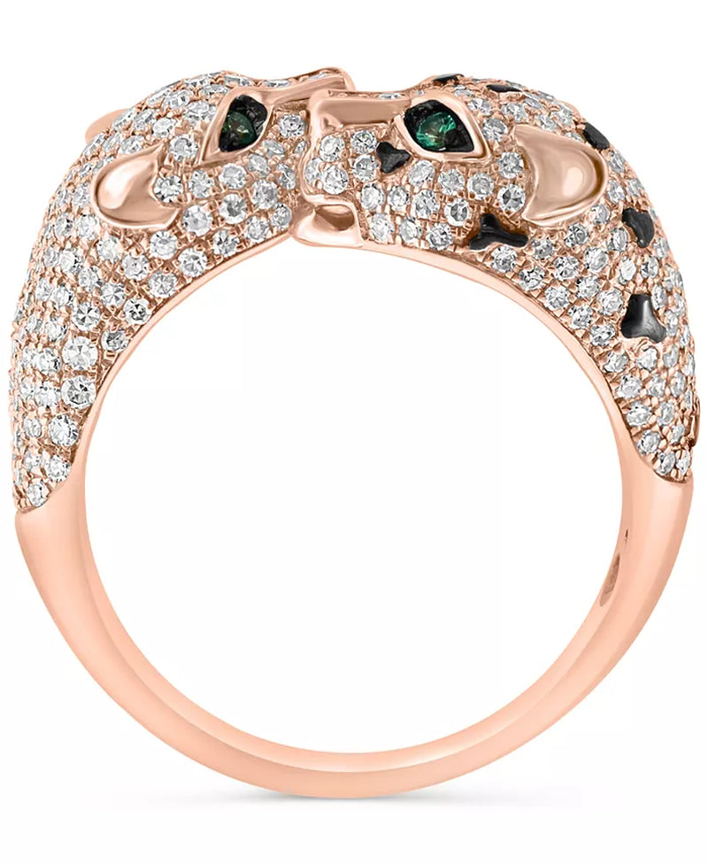 EFFYÂ® Diamond (1-1/20 Ct. T.W.) & Emerald (1/20 Ct. T.W.) Double Panther Head Ring in 14K Rose Gold