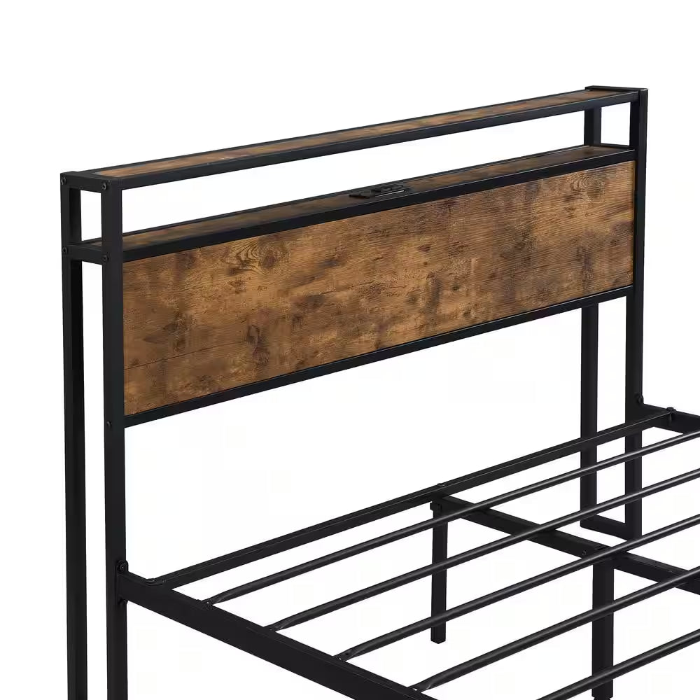 Modern Industrial Black Metal Frame Queen Platform Bed with Wooden Storage Headboard, Charging Station, Underbed Storage