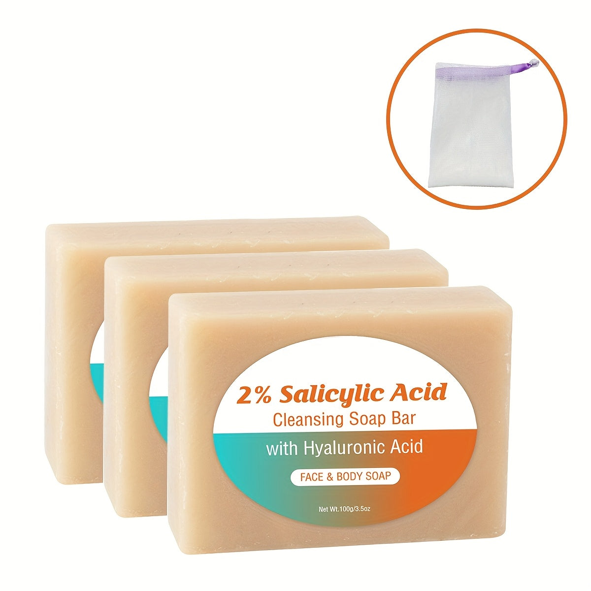 [Salicylic Acid Soap] 3pcs Salicylic Acid Cleansing Soap Bar | Contains Coconut Oil, 2% Salicylic Acid, Moisturize Light Beige, Make Light Beige Look Smoother And Firmer, Soap Foaming Net Equipped, 100G - Suitable for All Lig