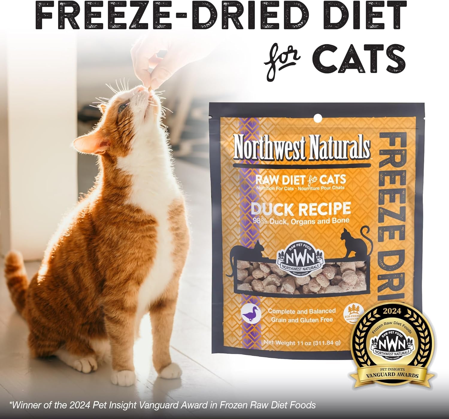 Freeze-Dried Duck Cat & Kitten Food, Grain-Free, Bite-Sized Nibbles. Healthy, Limited, Human-Grade Ingredients, Complete & Balanced, All-Natural, High-Protein Diet, USA Made, 11 Oz