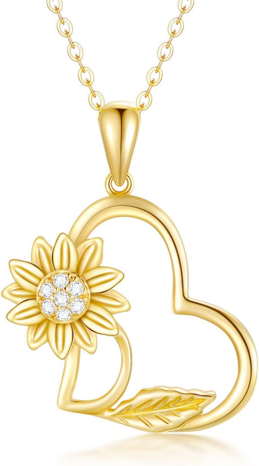 14K Gold Sunflower Heart Necklace for Women,"You Are My Sunshine" Real Gold Love Jewelry Gifts for Wife Girlfriend, Present for Her16"-18"