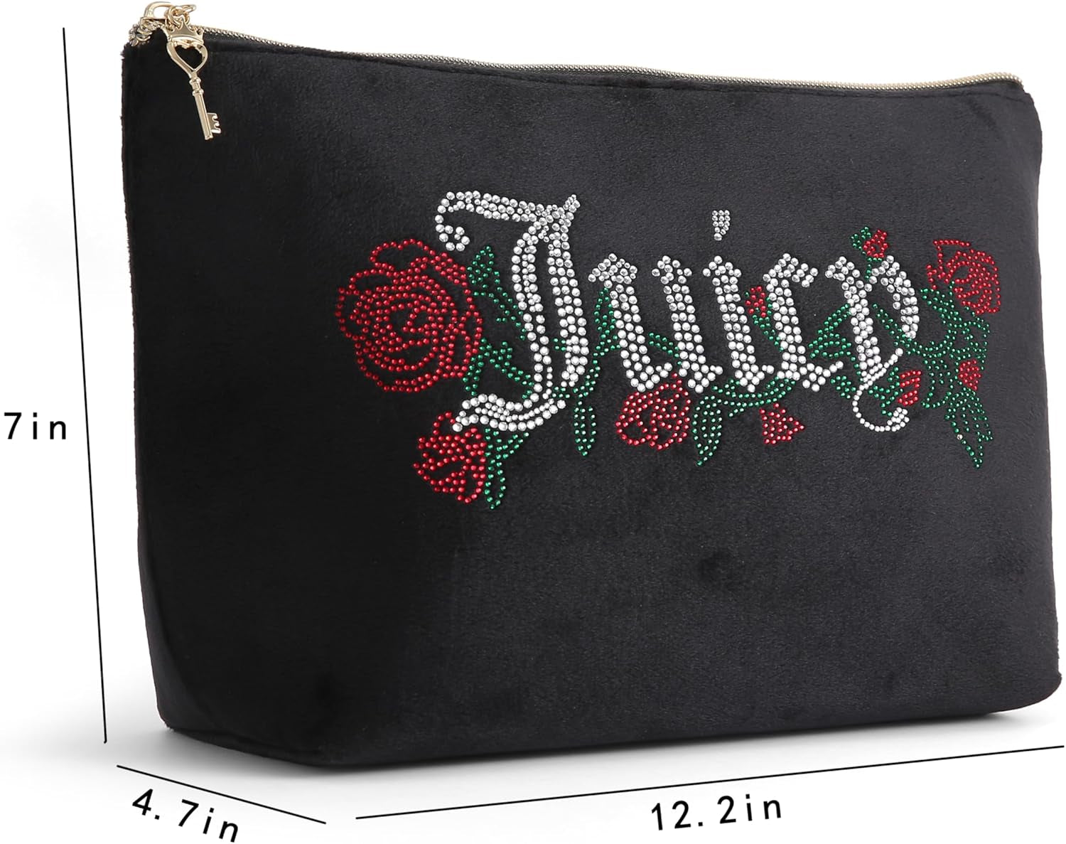 Black Makeup Bag Cosmetics Organizer Travel Essentials Top Zip Pouch Velour Rhinestone Roses