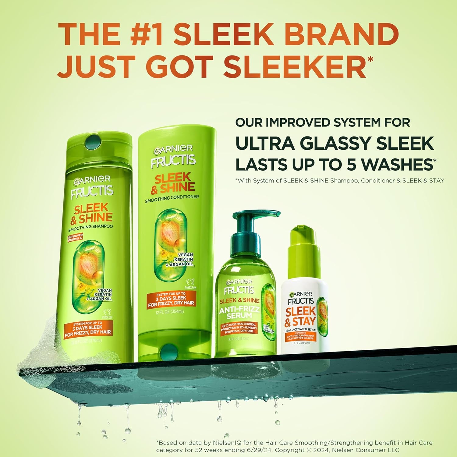 Fructis Sleek & Shine Full + Travel Size Shampoo (12.5 & 3 Fl Oz) + Conditioner (12 & 3 Fl Oz) Set for Frizzy, Dry Hair, Plant Keratin + Argan Oil (4 Items), 1 Kit (Packaging May Vary)