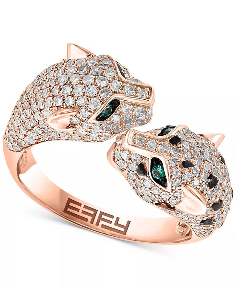 EFFYÂ® Diamond (1-1/20 Ct. T.W.) & Emerald (1/20 Ct. T.W.) Double Panther Head Ring in 14K Rose Gold
